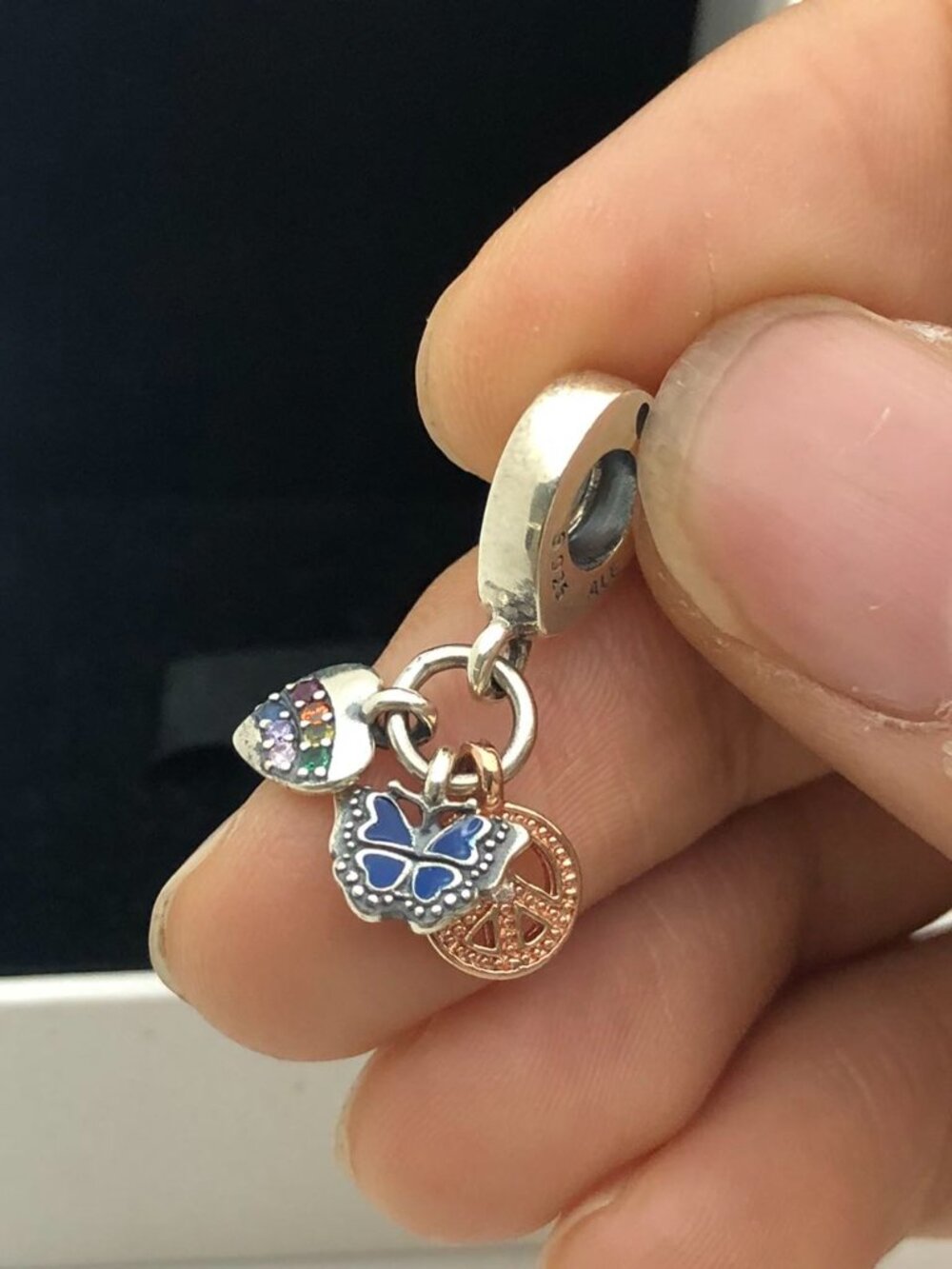 ✨🔥Pandora Rainbow Heart, Butterfly & Peace Triple Dangle Charm